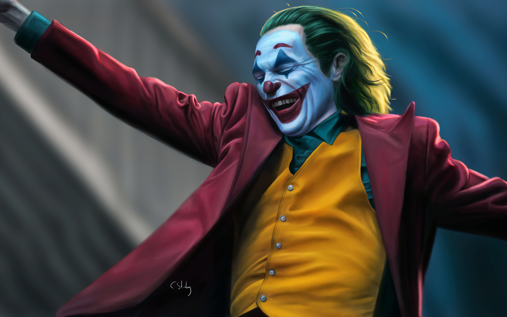 Joker in his iconic red suit and yellow vest, laughing maniacally with arms outstretched