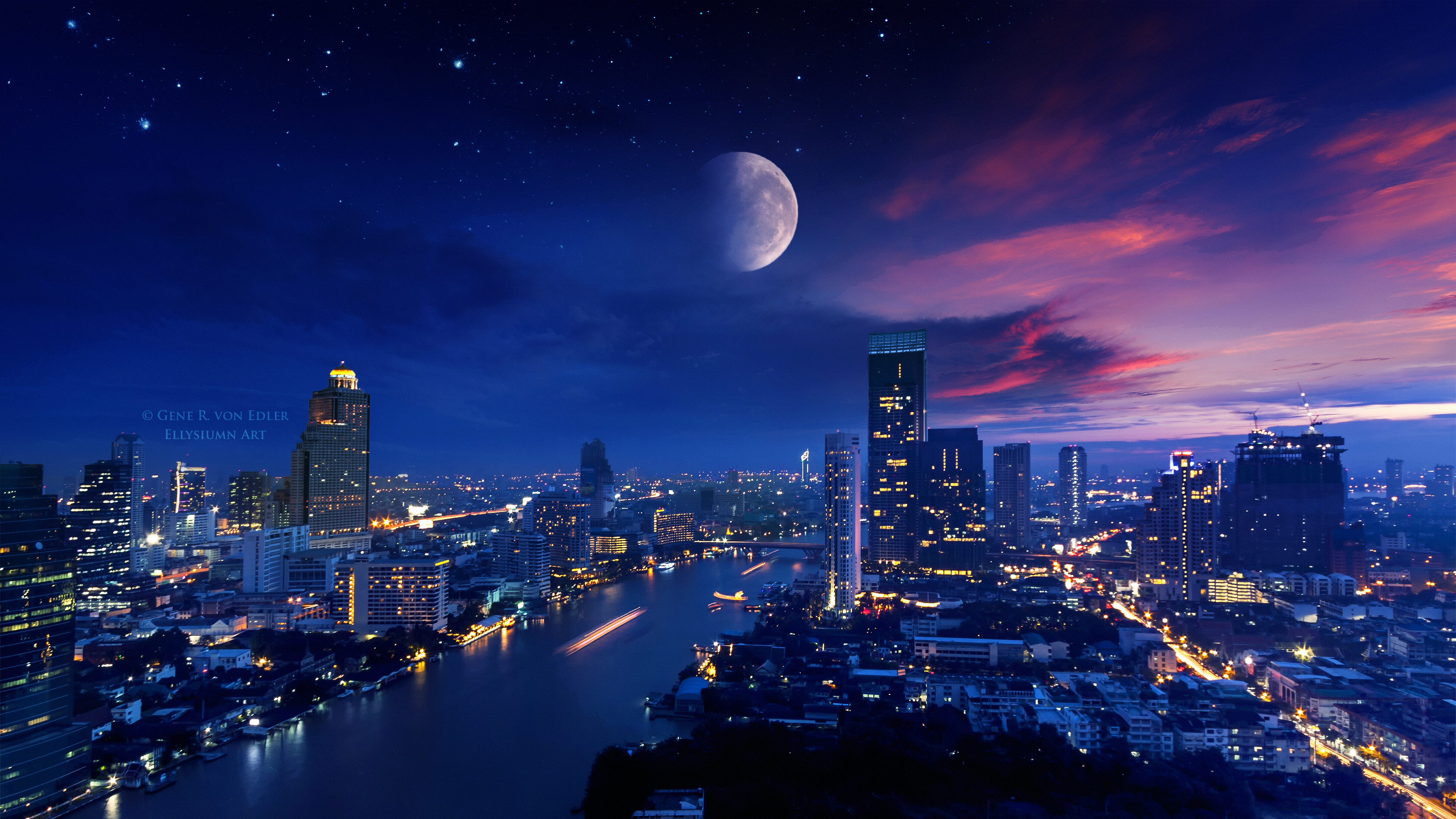 City Lights Moon Vibrant 4k Wallpaper HD Photography Image