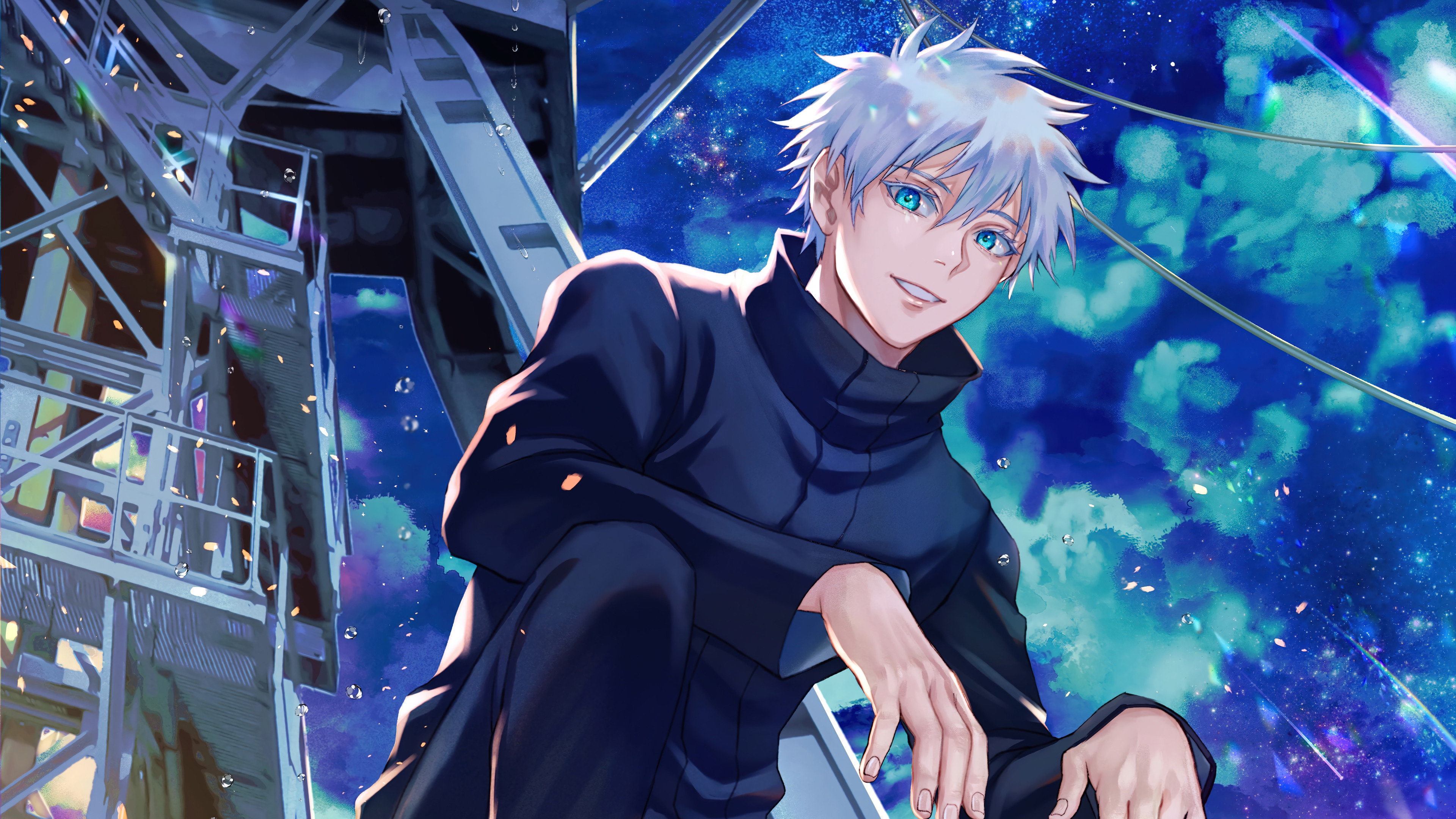 Gojo Satoru from Jujutsu Kaisen in a dynamic pose against a vibrant, starry sky, likely inspired by fan art or official promotional material.  He is perched on a structure, possibly from the anime, with a confident expression