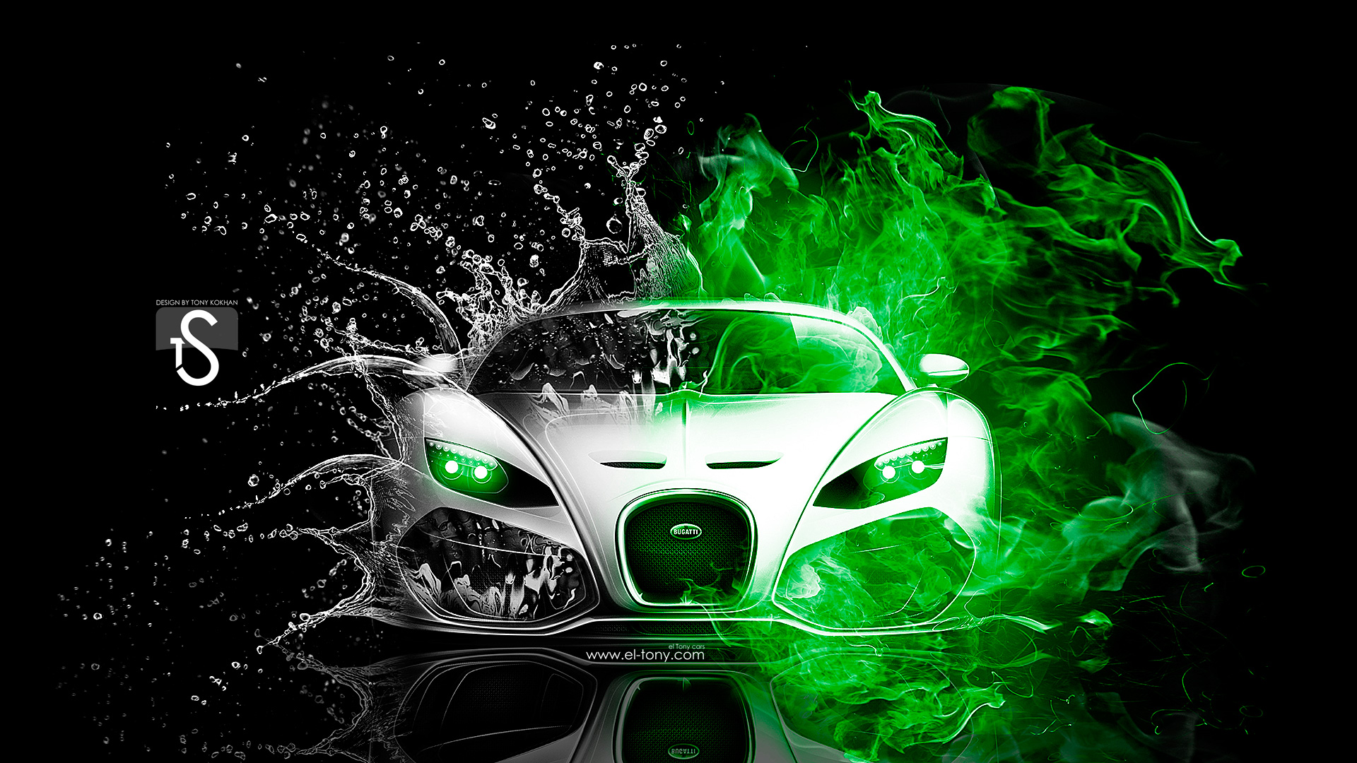 Bugatti Green Fire Water Abstract Mix HD Wallpaper Design By