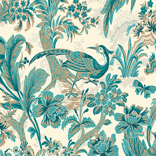 Wallcovering Peacock Blue And Metallic Bird Toile On White Wallpaper