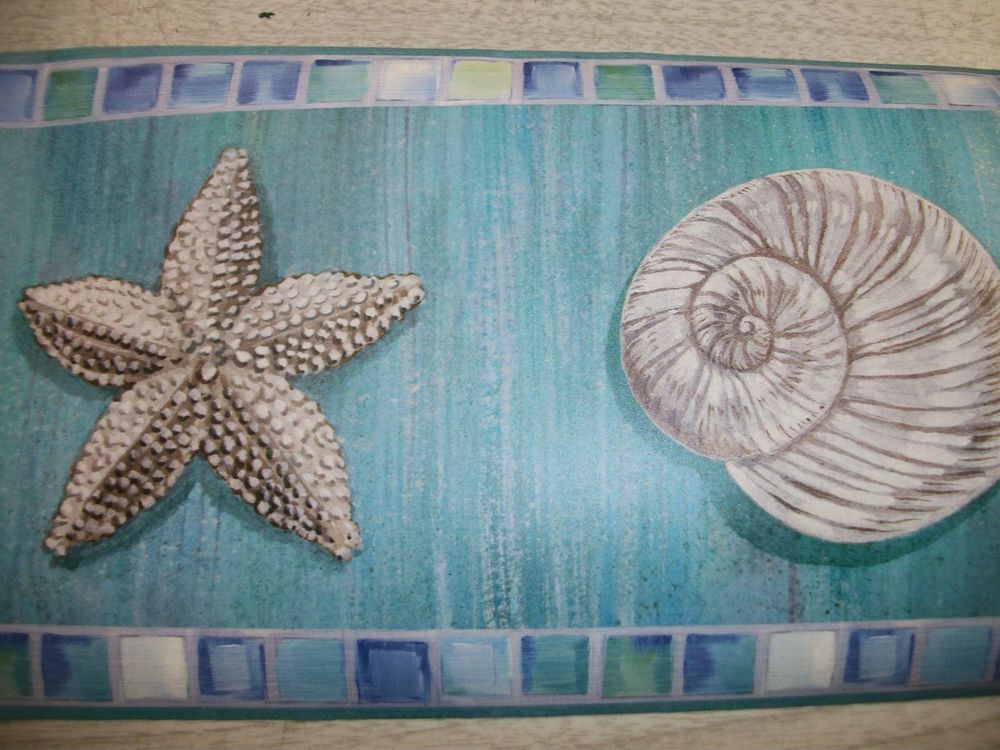 Mosiac Starfish Seashells Bathroom Wallpaper Border Bg1645bd