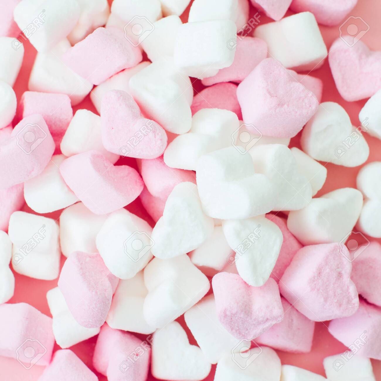 Pink Fluffy Heart Shaped Marshmallow Background Close Up Stock