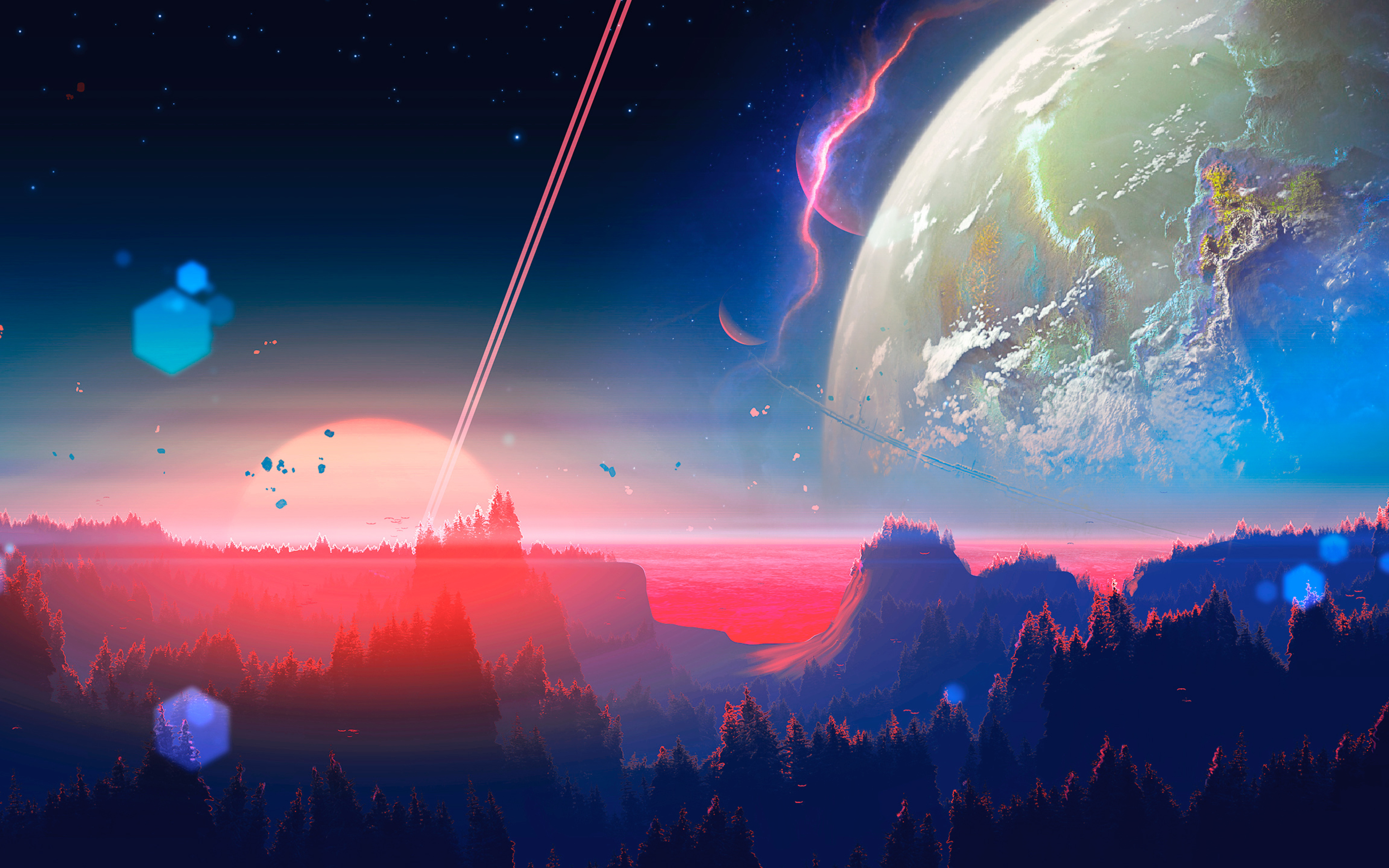 4K background image of a vibrant and surreal alien landscape with a large, Earth-like planet dominating the sky, a pinkish-red sunset illuminating the foreground of a mountainous, forested region, and spaceships silhouetted against the backdrop of stars