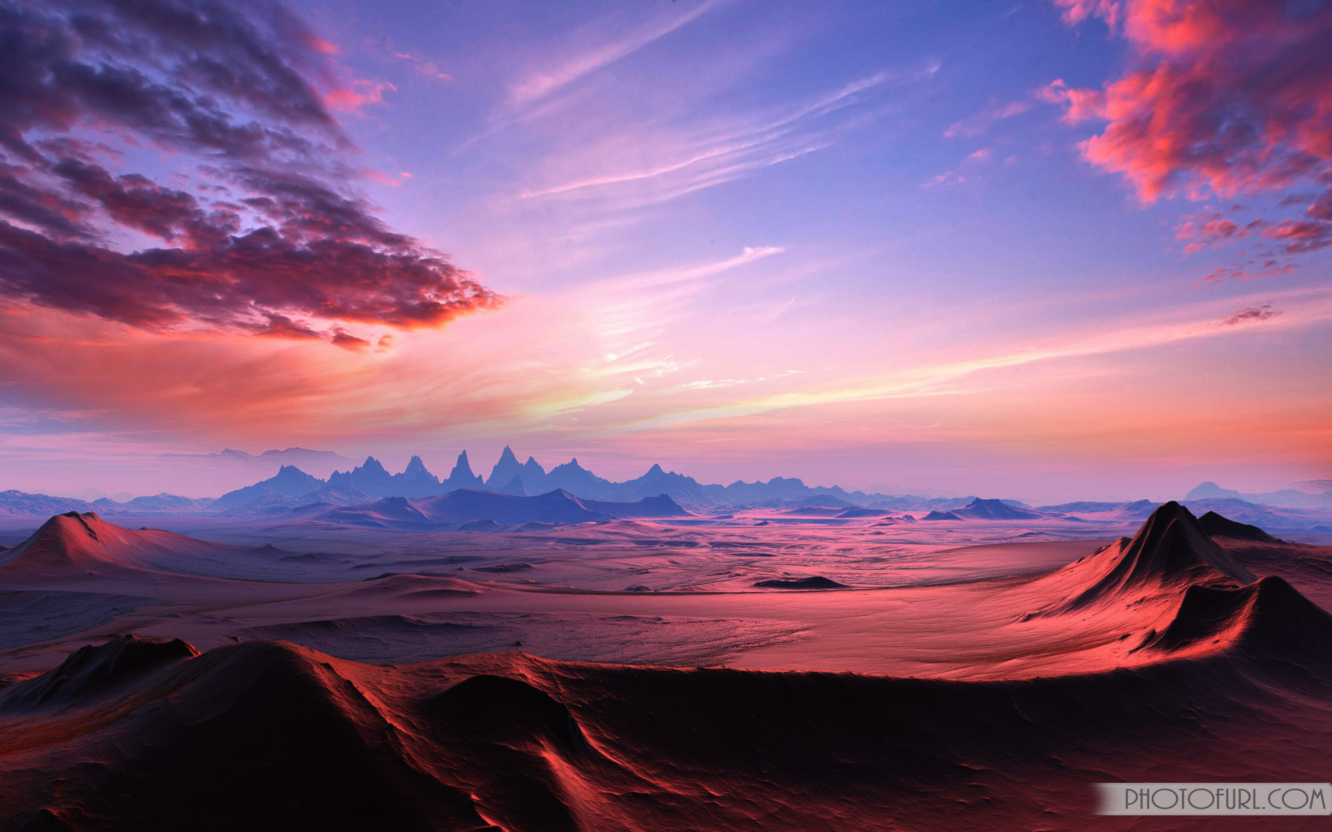 A breathtaking vista of a Martian-like landscape at sunset, with a dramatic sky and otherworldly rock formations