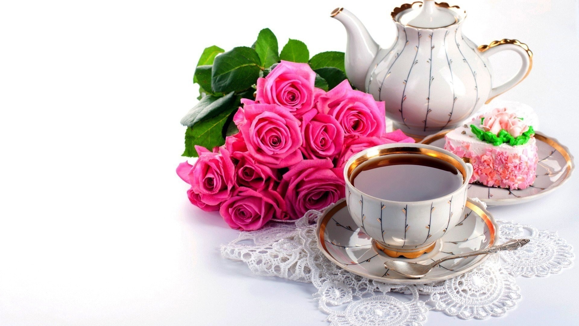 Wallpaper Tea Drink Flower Rose Cup Cake Bouquet