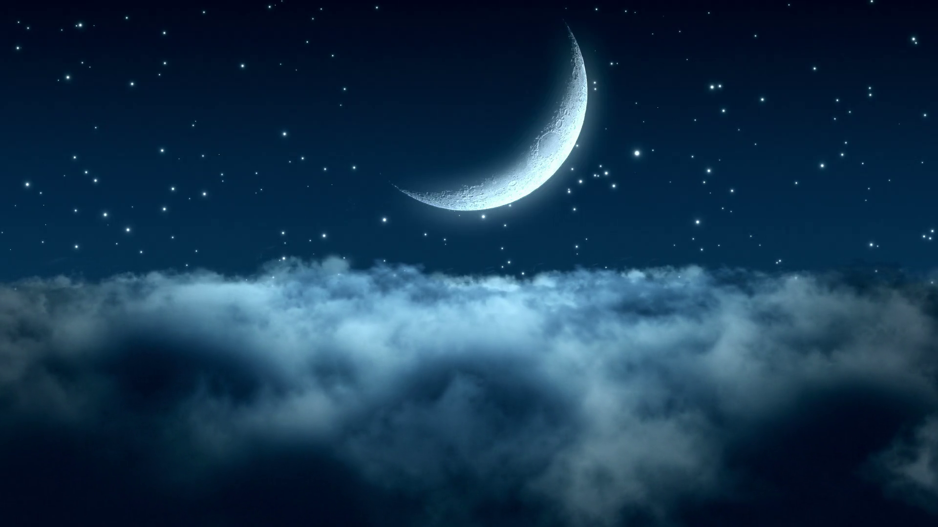 Flying Through Dense Clouds At Night With Beautiful Crescent Moon And Twinkling Stars In The Wallpaper
