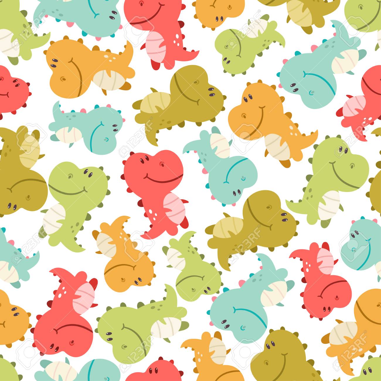 Cute Baby Dinosaurs Vector Seamless Pattern On White Background