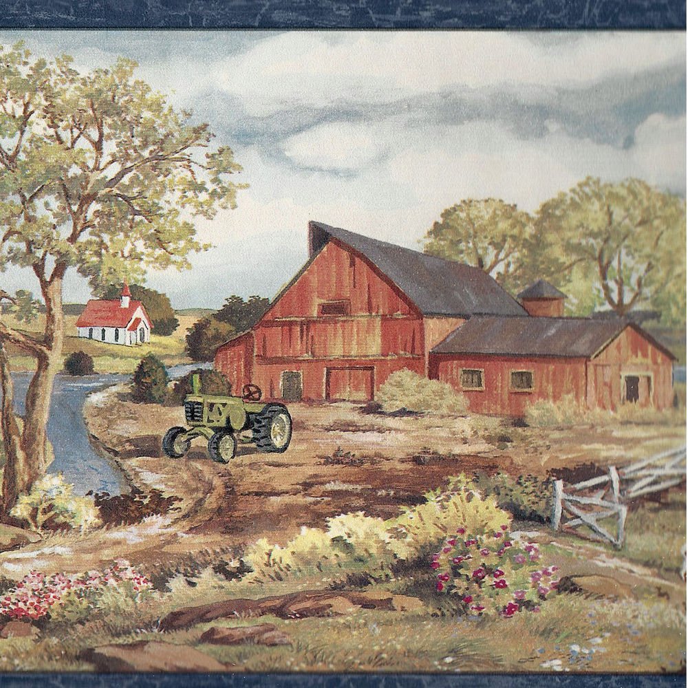 Romantic Tractor In Old Farm Scene Wallpaper Border Cr