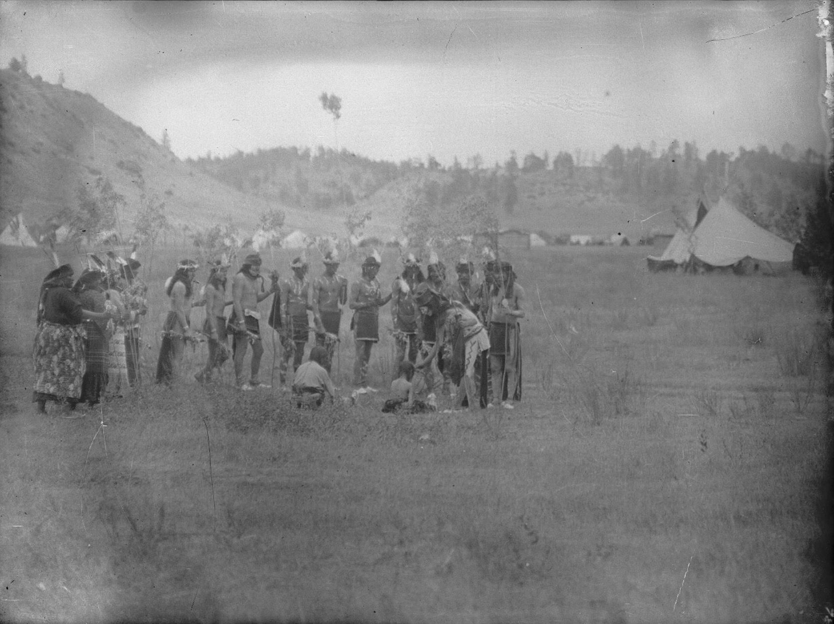 Cheyenne Animal Dance Group Of Indian Children With Tipis In