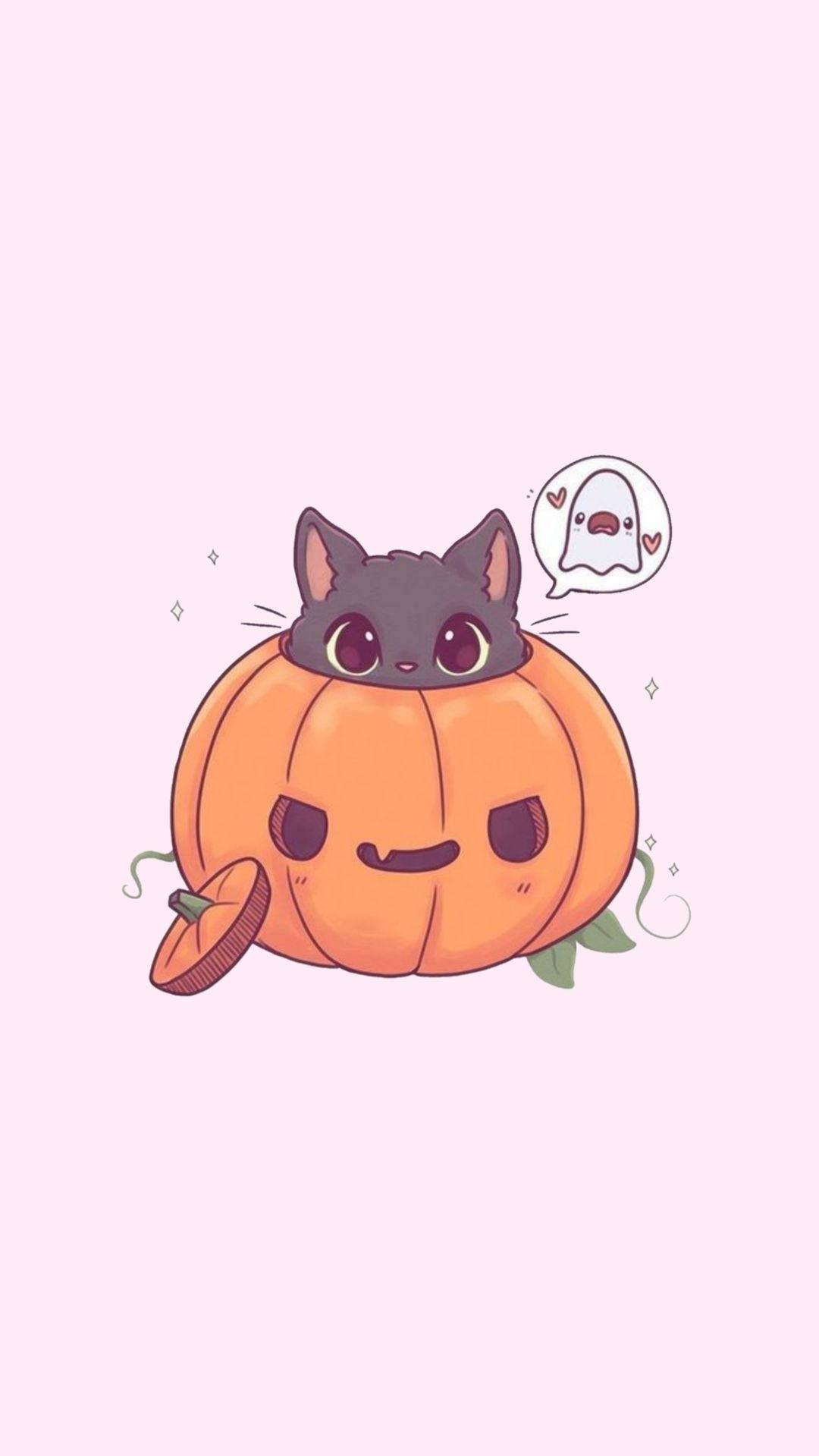 Download Cartoon Halloween Cat In Pumpkin Wallpaper
