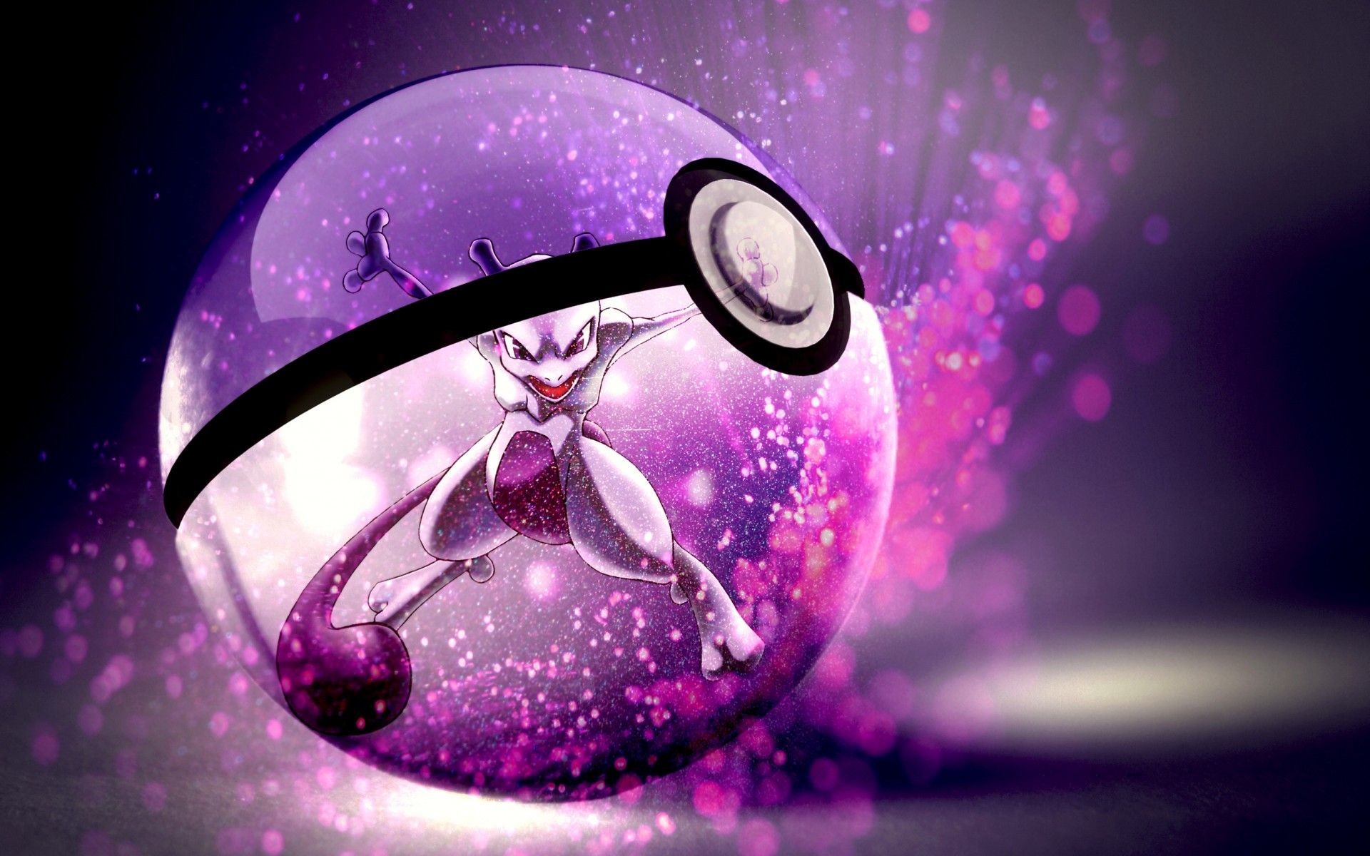 A dynamic wallpaper featuring Mewtwo, a powerful Psychic-type Pokémon, emerging from a swirling purple Poké Ball