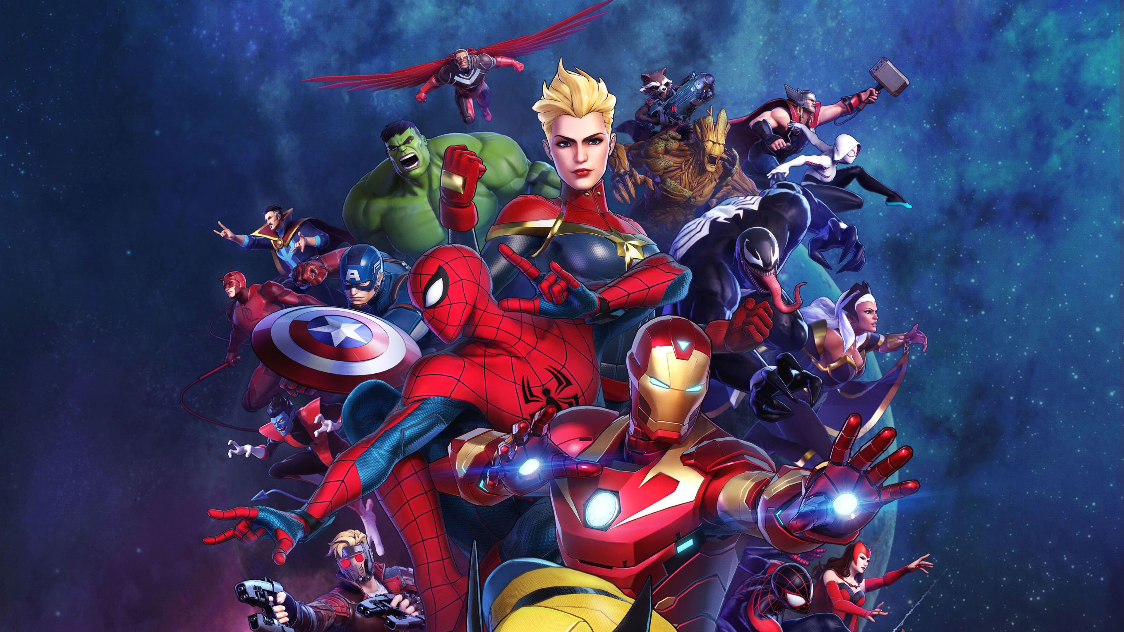A vibrant collage of Marvel superheroes, featuring iconic characters like Spider-Man, Iron Man, Captain America, Captain Marvel, and Hulk, posed against a cosmic backdrop