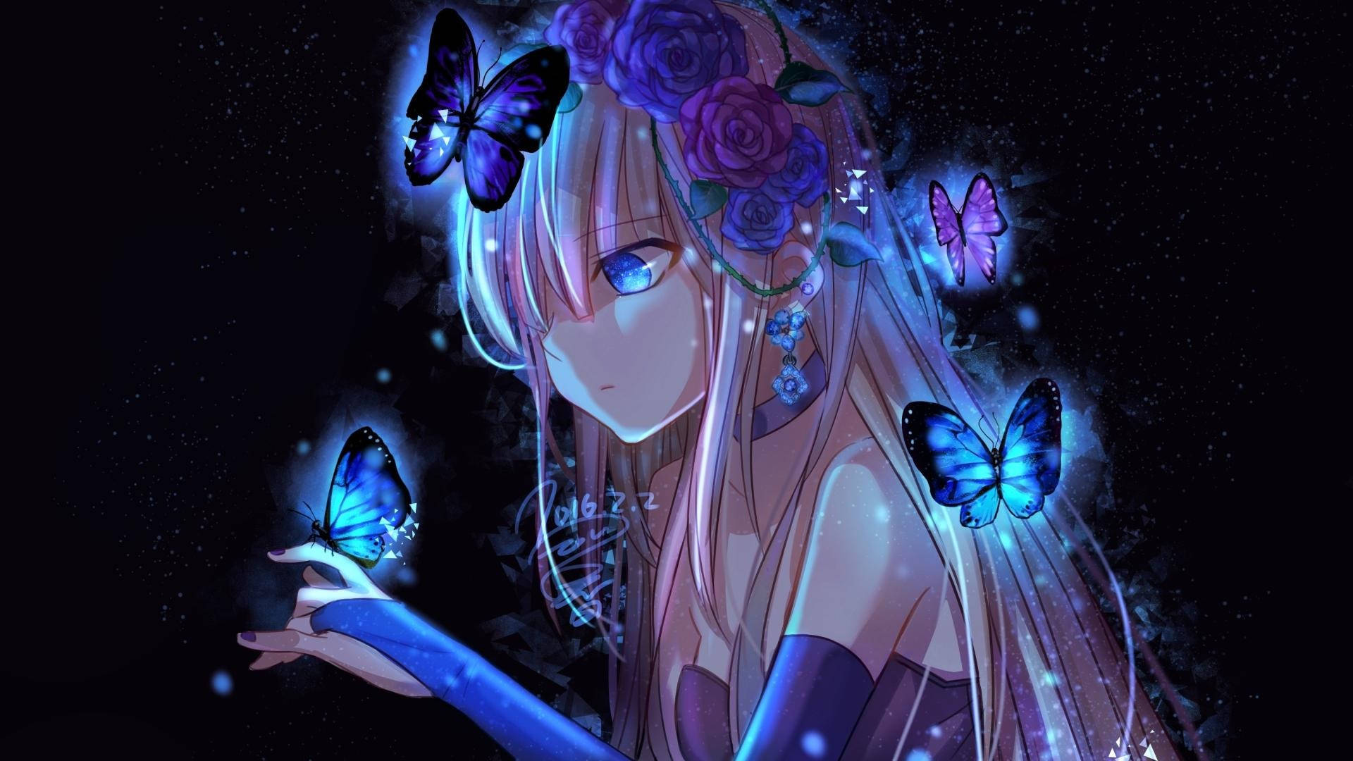 A cool anime wallpaper featuring a girl with long, light pink hair adorned with a crown of blue roses. She's wearing elegant purple gloves and a matching dress, and is surrounded by glowing blue butterflies against a dark, starry background