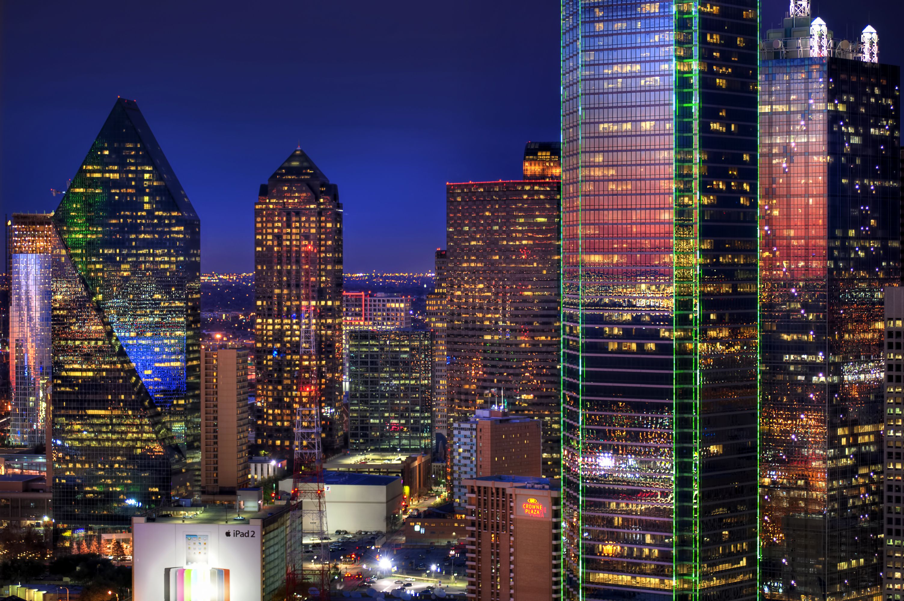 Wallpaper night city USA Texas Dallas tower street lights