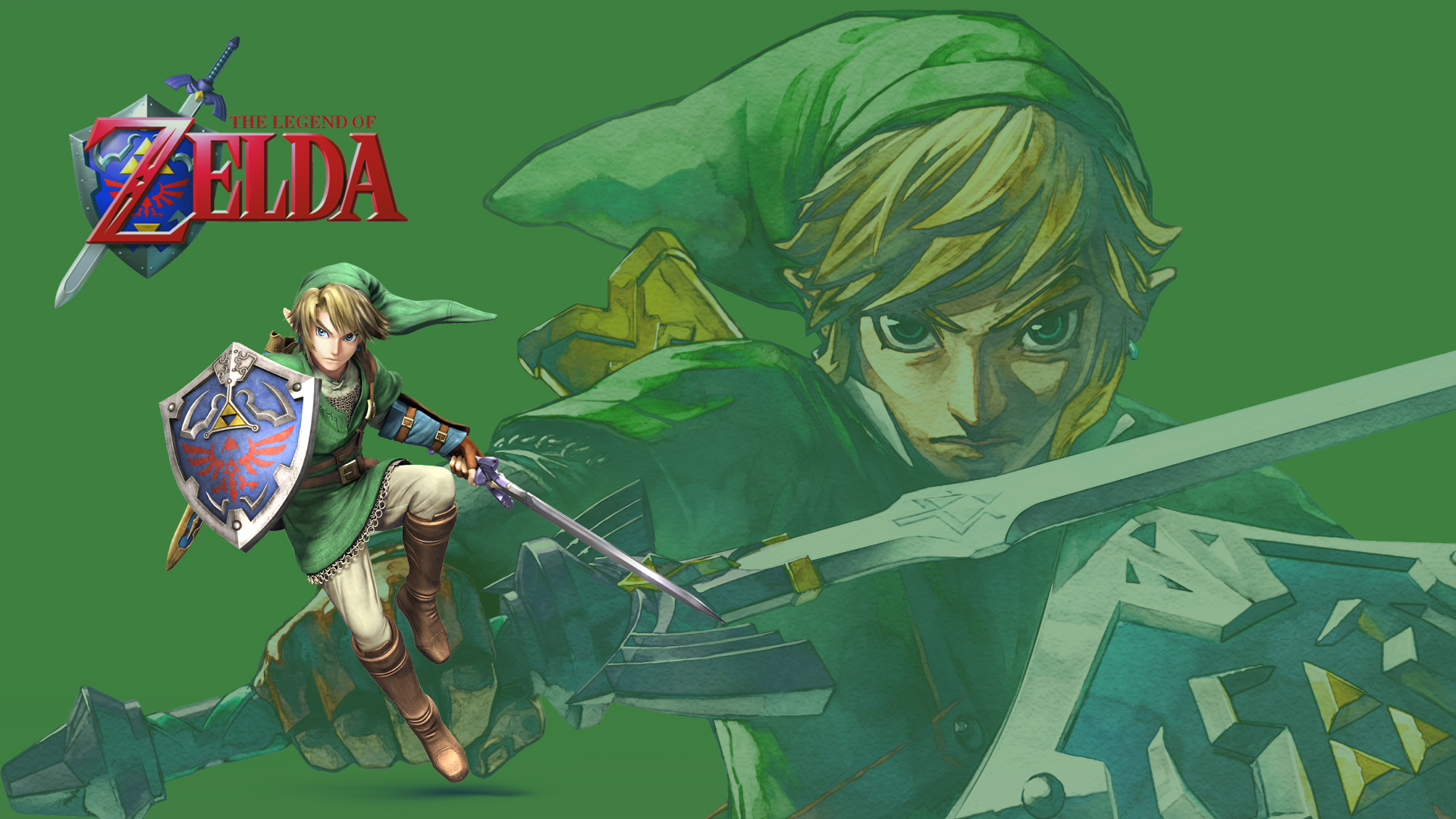 Link, the hero of Hyrule, in a dynamic pose with his sword and shield, against a stylized green background. From the Legend of Zelda video game series