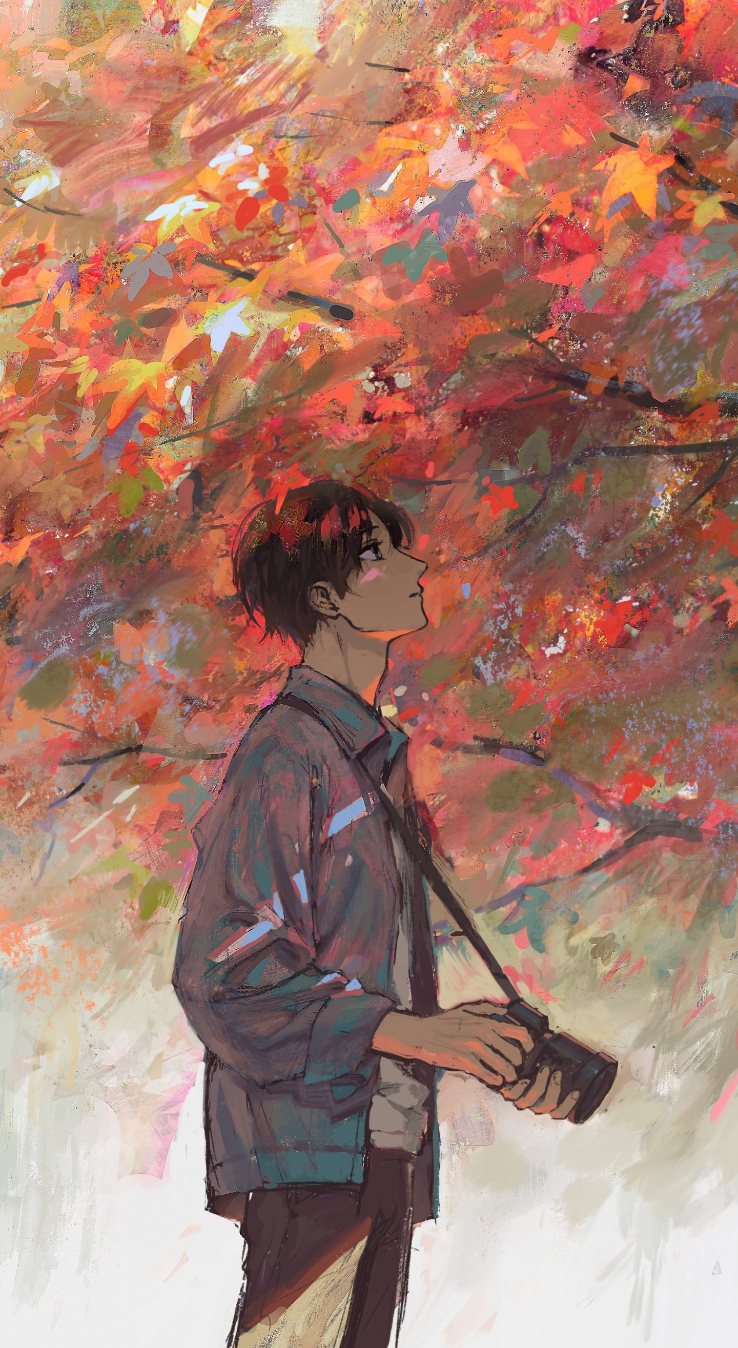 Anime Boy Autumn Tree Artwork Wallpaper