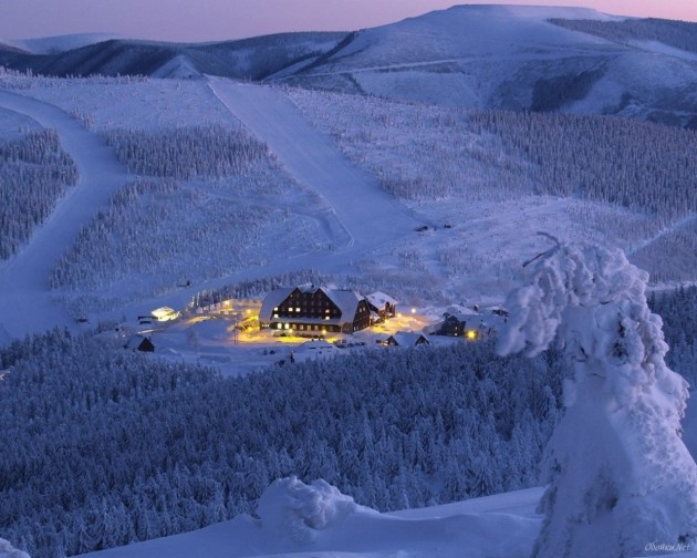 House In Winter Mountains HD Desktop Wallpaper