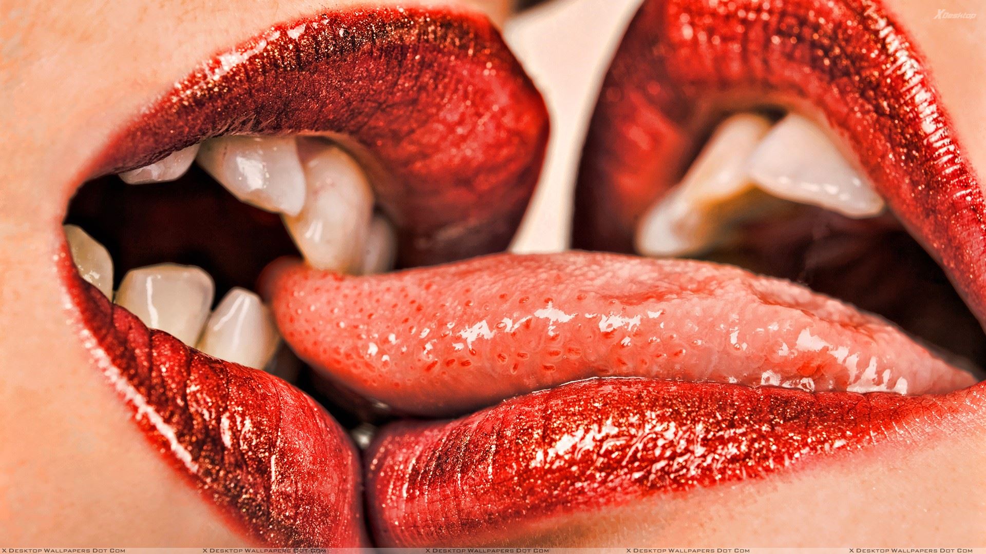 Kissing Shiny Red Lips Closeup Wallpaper
