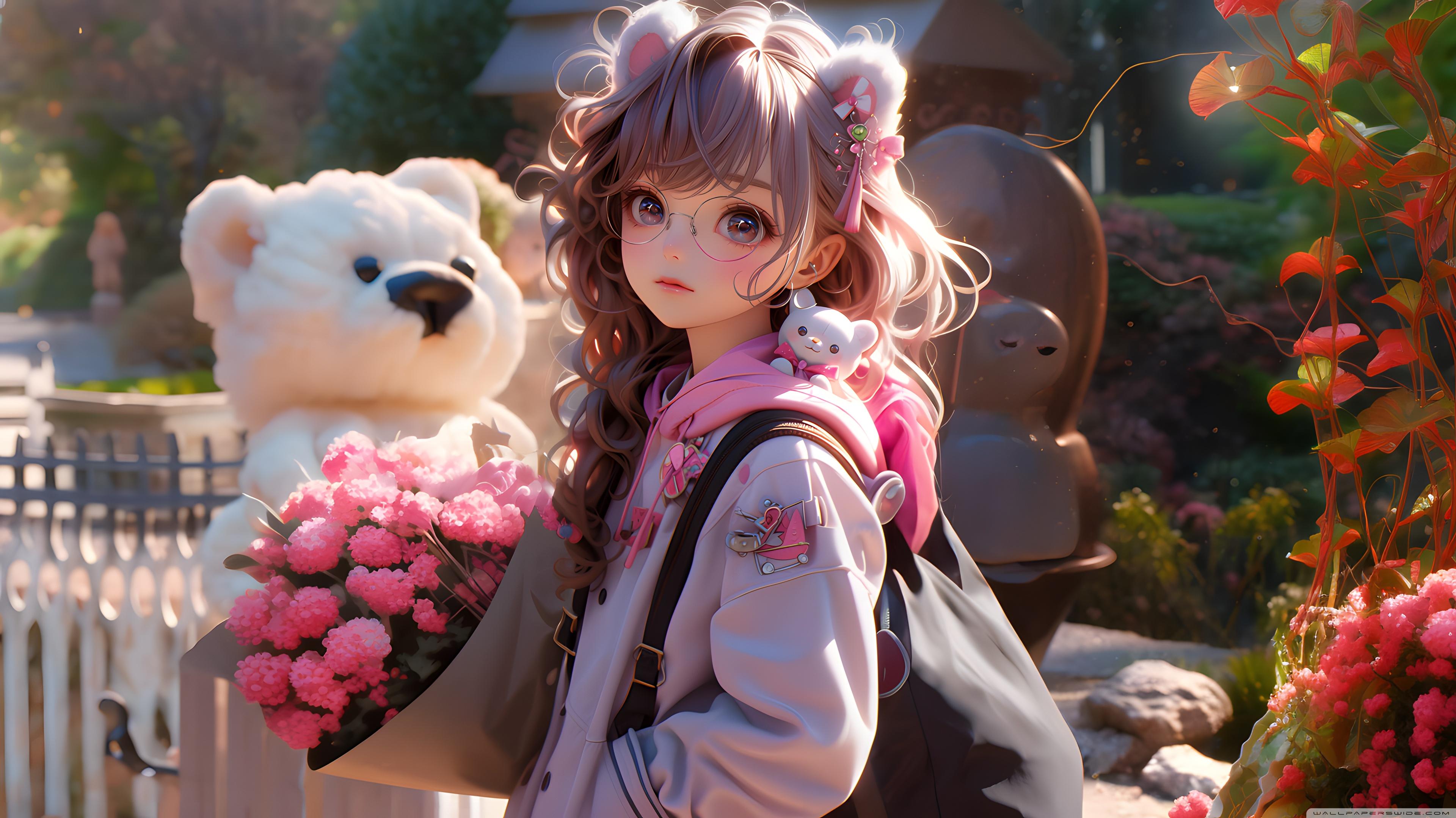 Cute Anime Girl Bouquet Flowers Gift Ultra HD Desktop Background