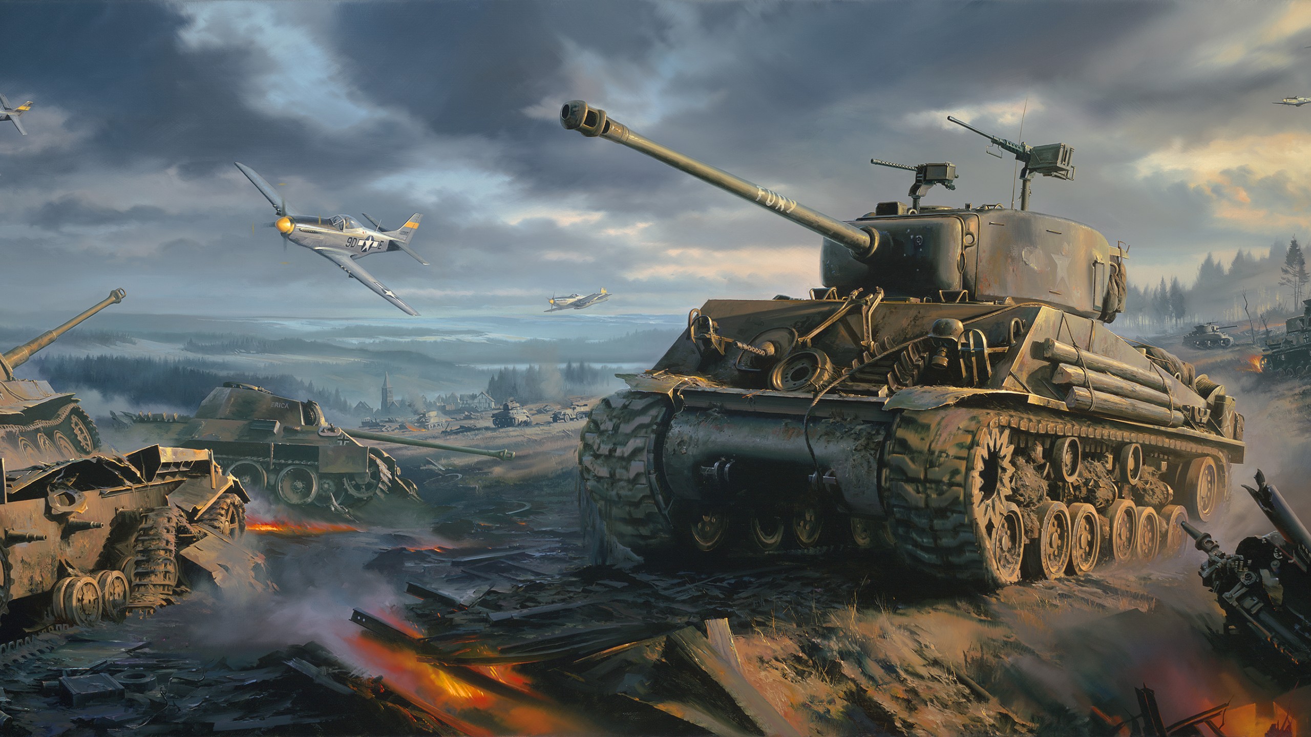 Sherman tank Wallpaper ww2 P 51 Mustang war art painting   Galaxy 2560x1440