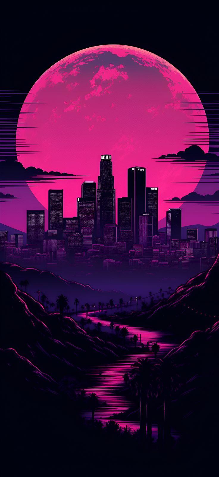 Los Angeles Skyline Neon Pink Aesthetic Wallpaper For iPhone
