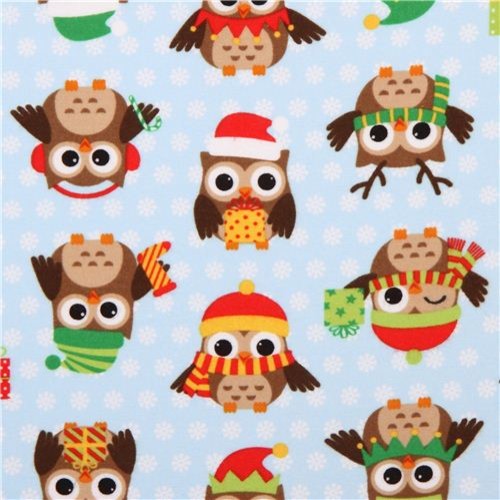 Blue Christmas Owl Flannel Fabric Holiday Hoot