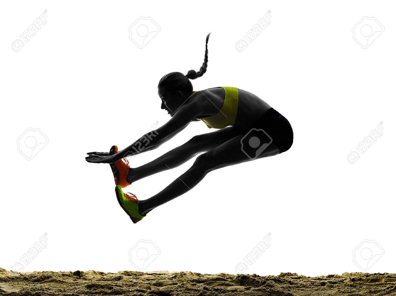 One Woman Praticing Long Jump Silhouette In Studio