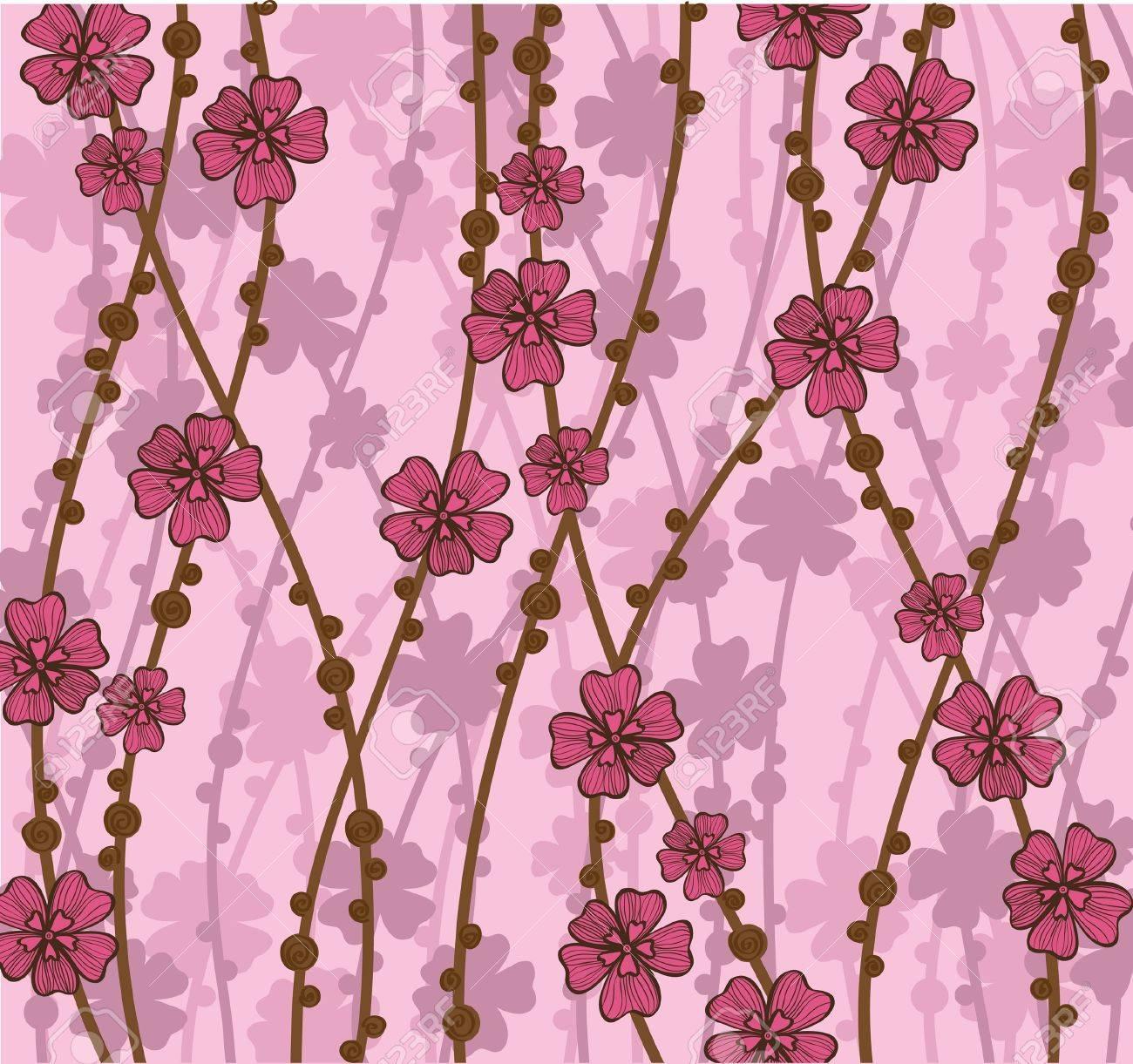 Pink Wallpaper With Beautiful Abstract Japanese Flowers Royalty