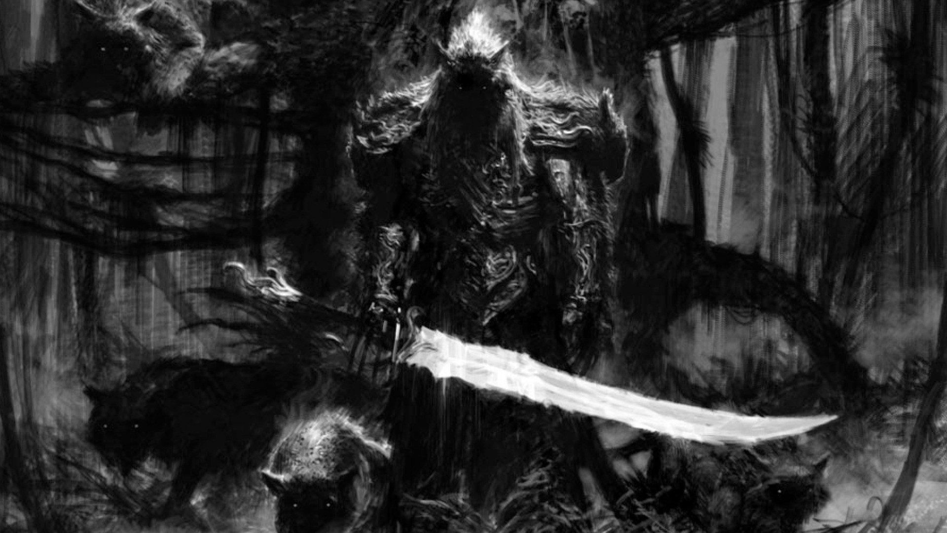 Swords Black Trees Dark Artistic Wallpaper