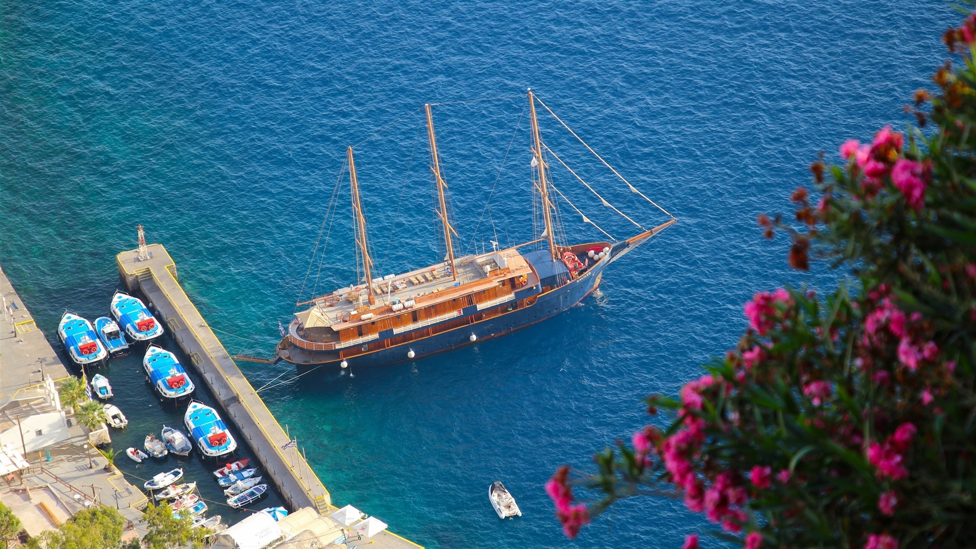 Wallpaper Oia Santorini Greece Aegean Sea Yacht Boat Pier