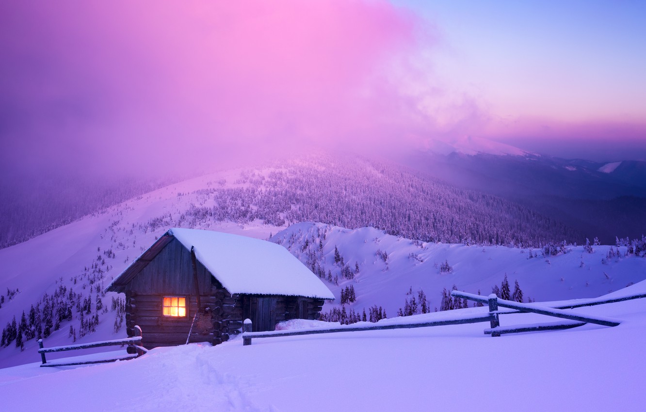 Wallpaper Winter Forest Snow Mountains Night Hut Village