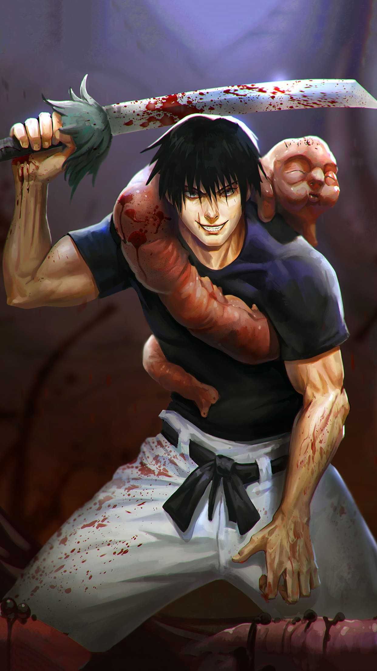 Toji Fushiguro in a dynamic pose, wielding a bloody katana, with a sinister grin and a grotesque creature draped around his shoulders