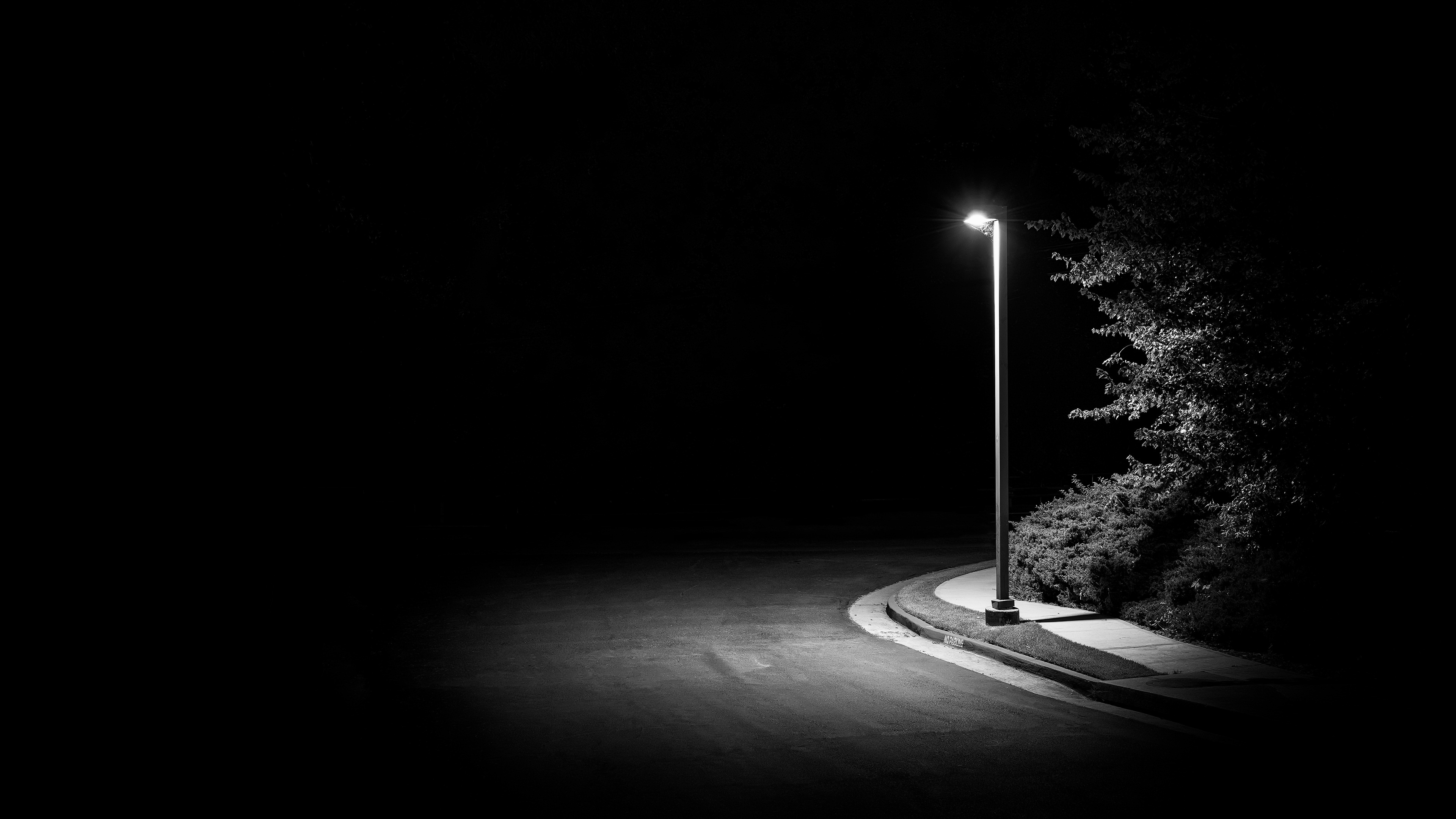 A stark black and white image of a lone streetlight illuminating a curved road at night