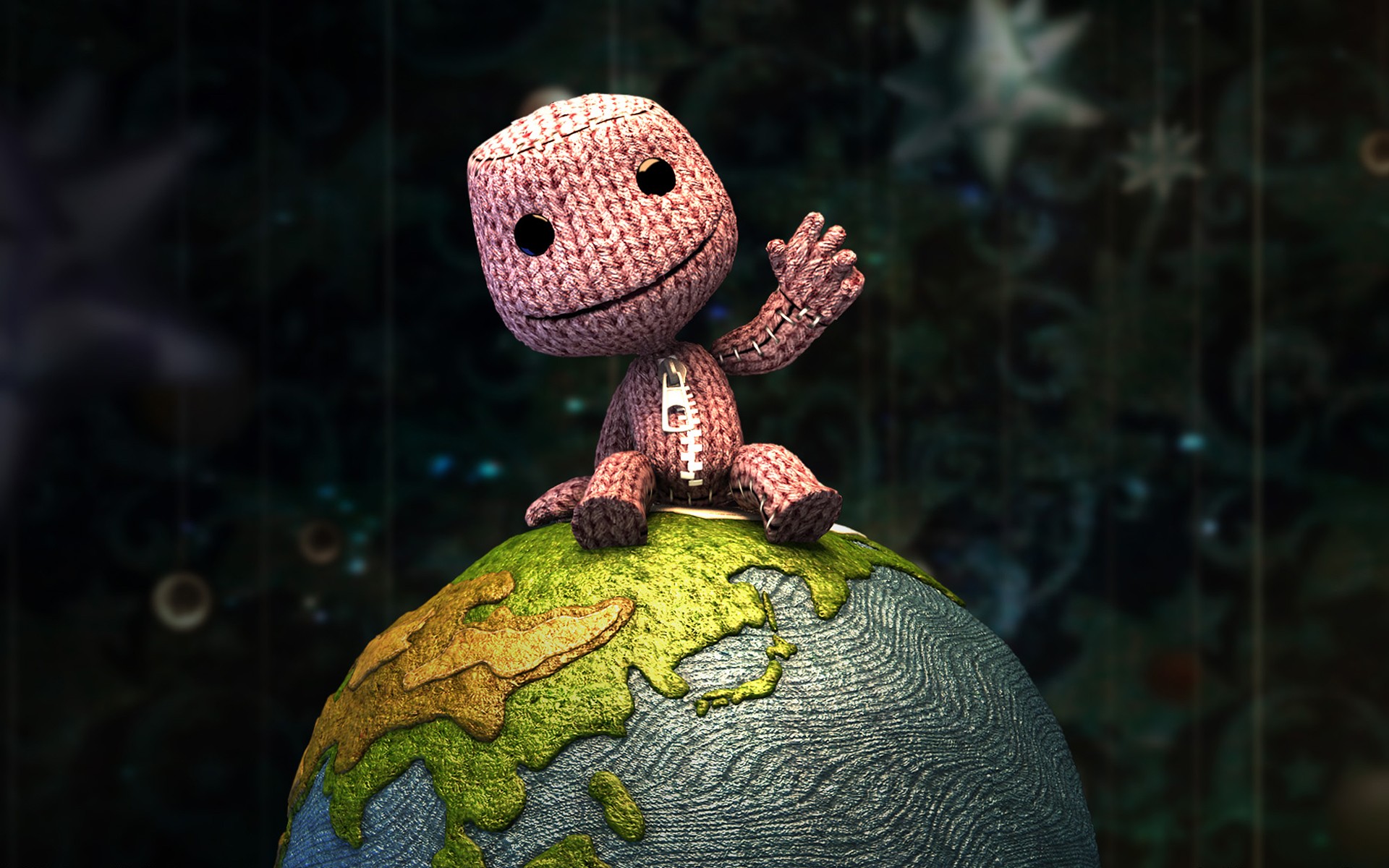 3D Render of Sackboy from LittleBigPlanet Sitting on a Globe