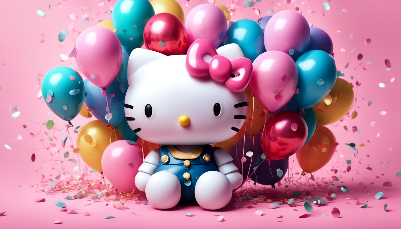 A Charming And Whimsical Wallpaper Featuring Hello Kitty Surrounded By Colorful Balloons Confetti Set Against Pastel Pink Background The Design Should Be Playful Cheerful Perfect For Adding Touch Of Sweetness To Any Desktop