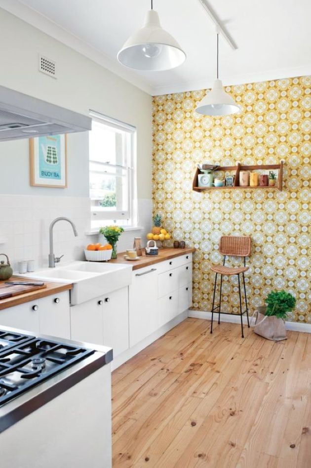 Retro Kitchen With Bold Printed Wallpaper Accent Wall
