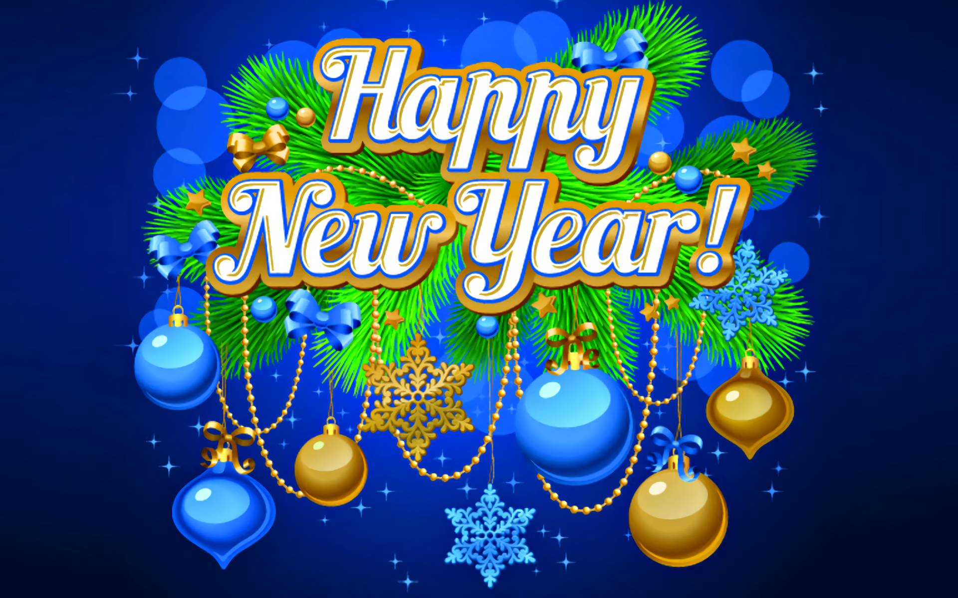 Happy New Year greeting with festive decorations on a blue background