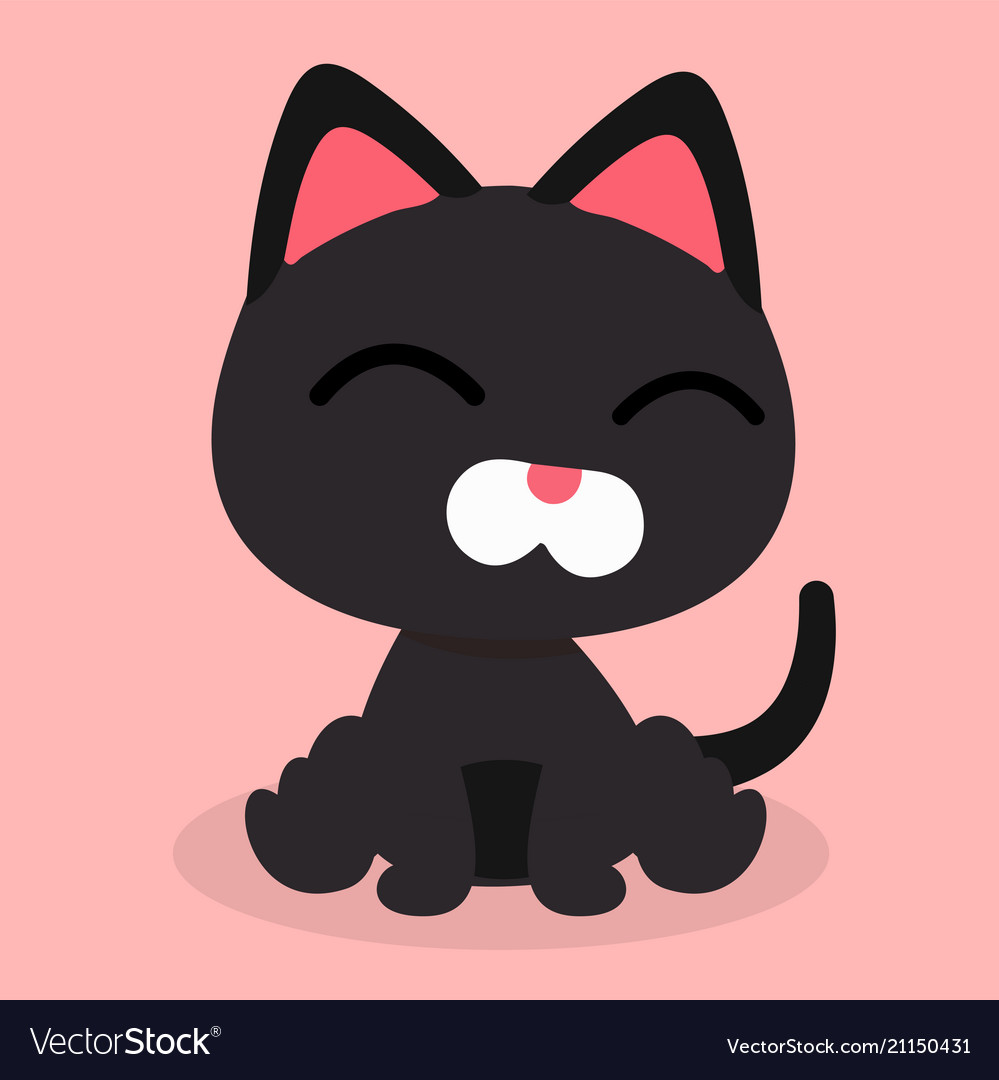 Cartoon Black Cat Smile Emotion Pink Background Ve