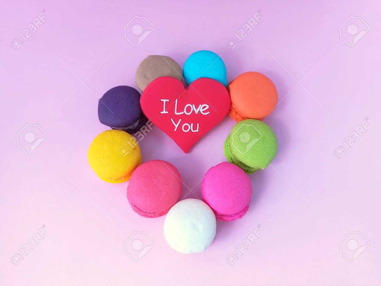 Delicious Macaroon And Red Heart Arrange Cute Shape Placed