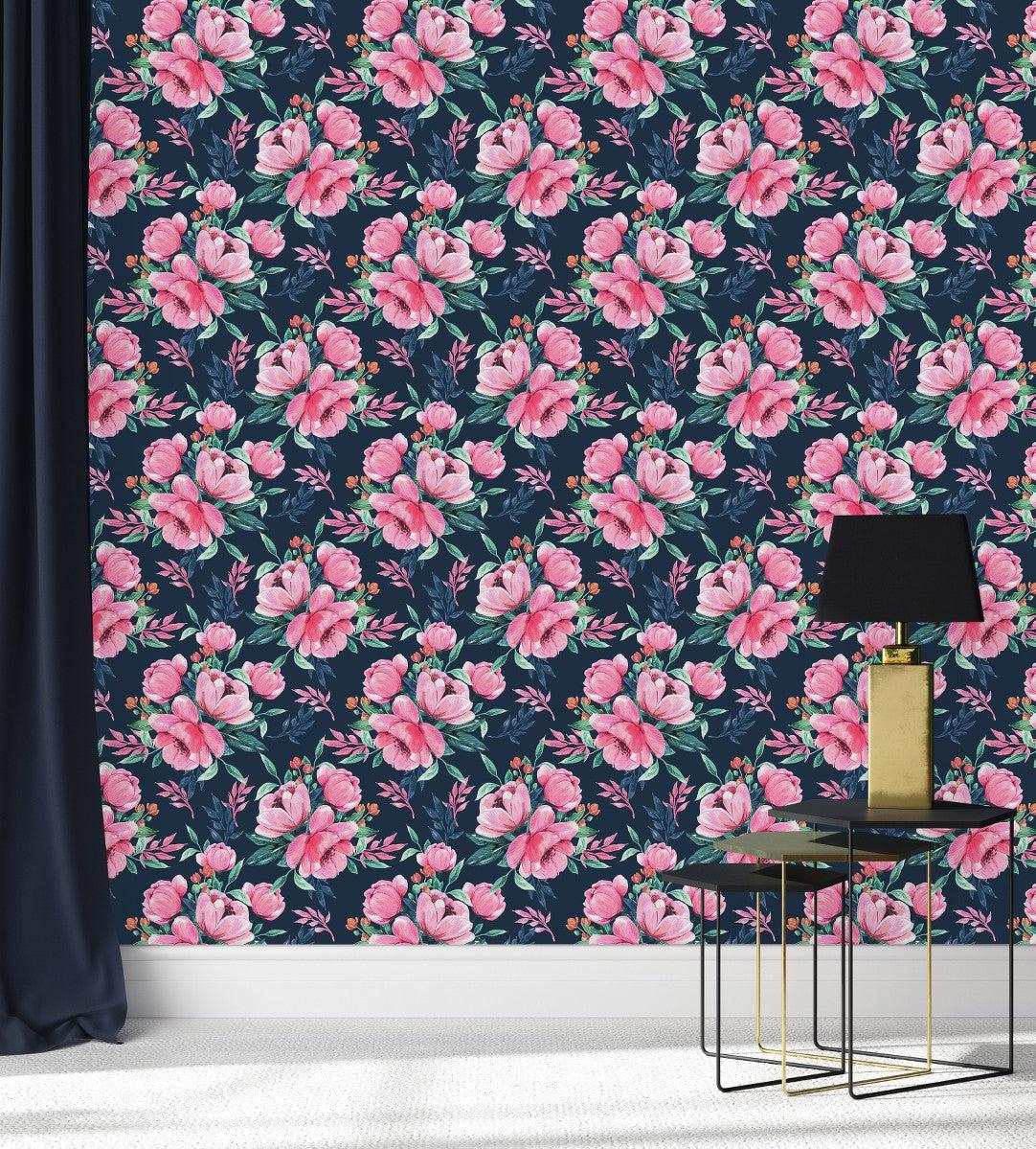 Dark Blue Wallpaper With Pink Flowers Buy At The Best Price