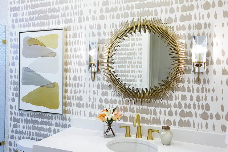 Gray And Gold Wallpaper With Sunburst Mirror