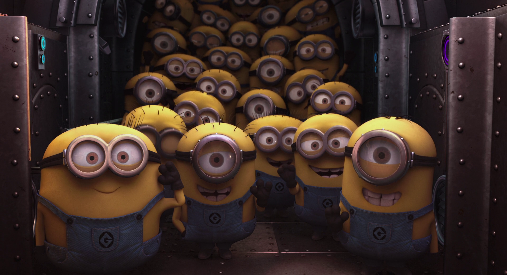 A crowd of Minions from Despicable Me inside a dark, metallic environment