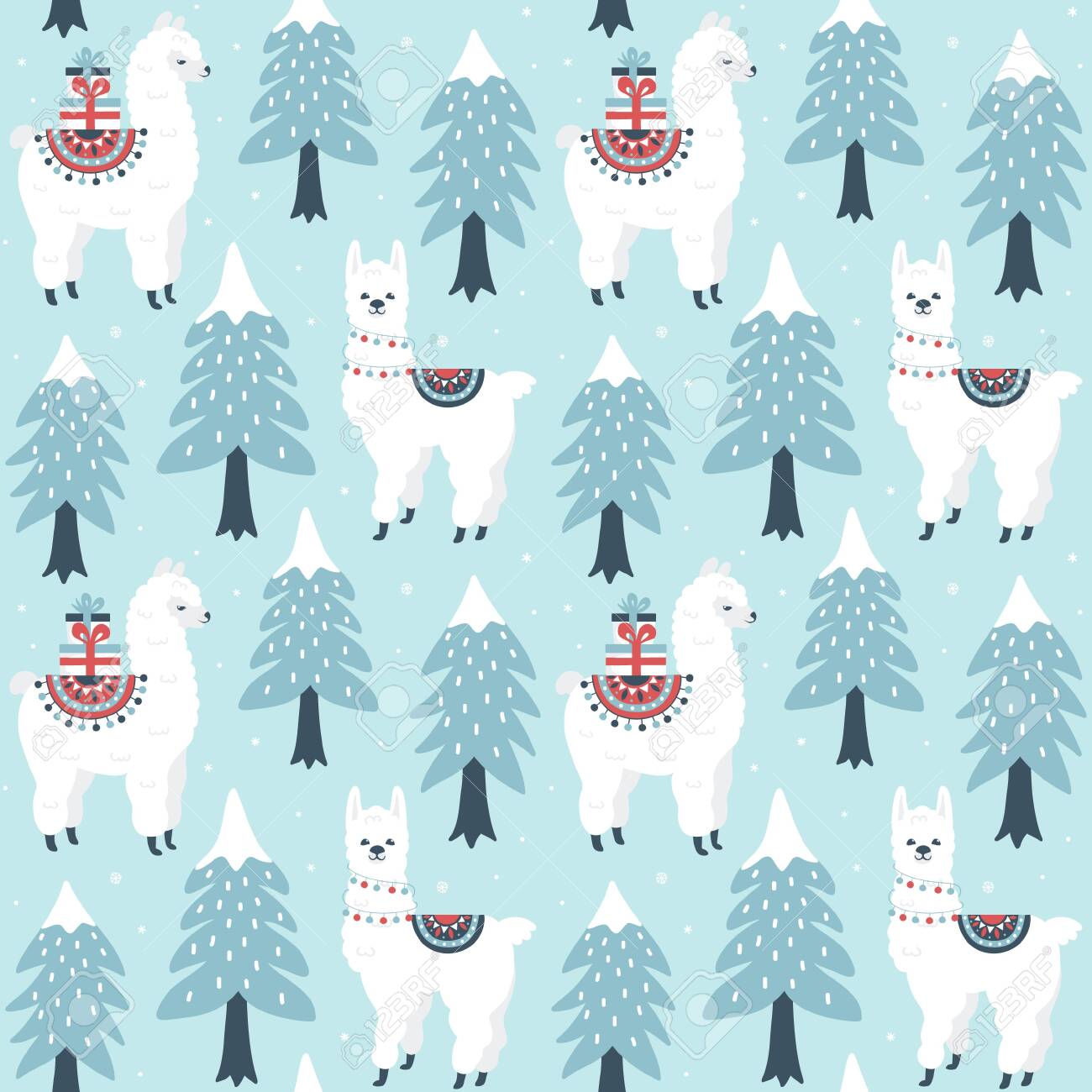 Christmas Tree And Cute Lama With Gift Boxes Seamless Pattern On