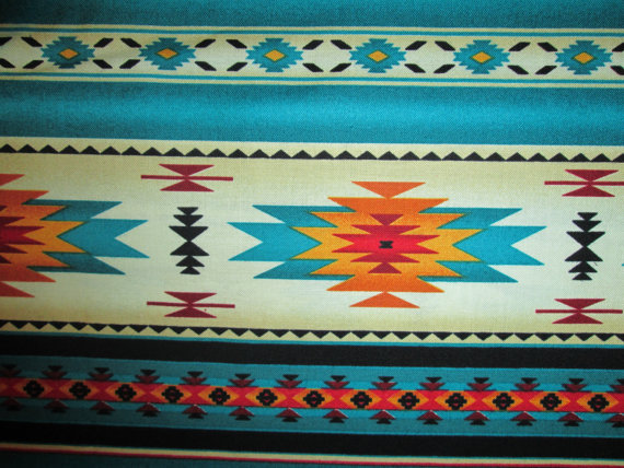 Teal Gold Navajo Native American Border Cotton Fabric By Scizzors