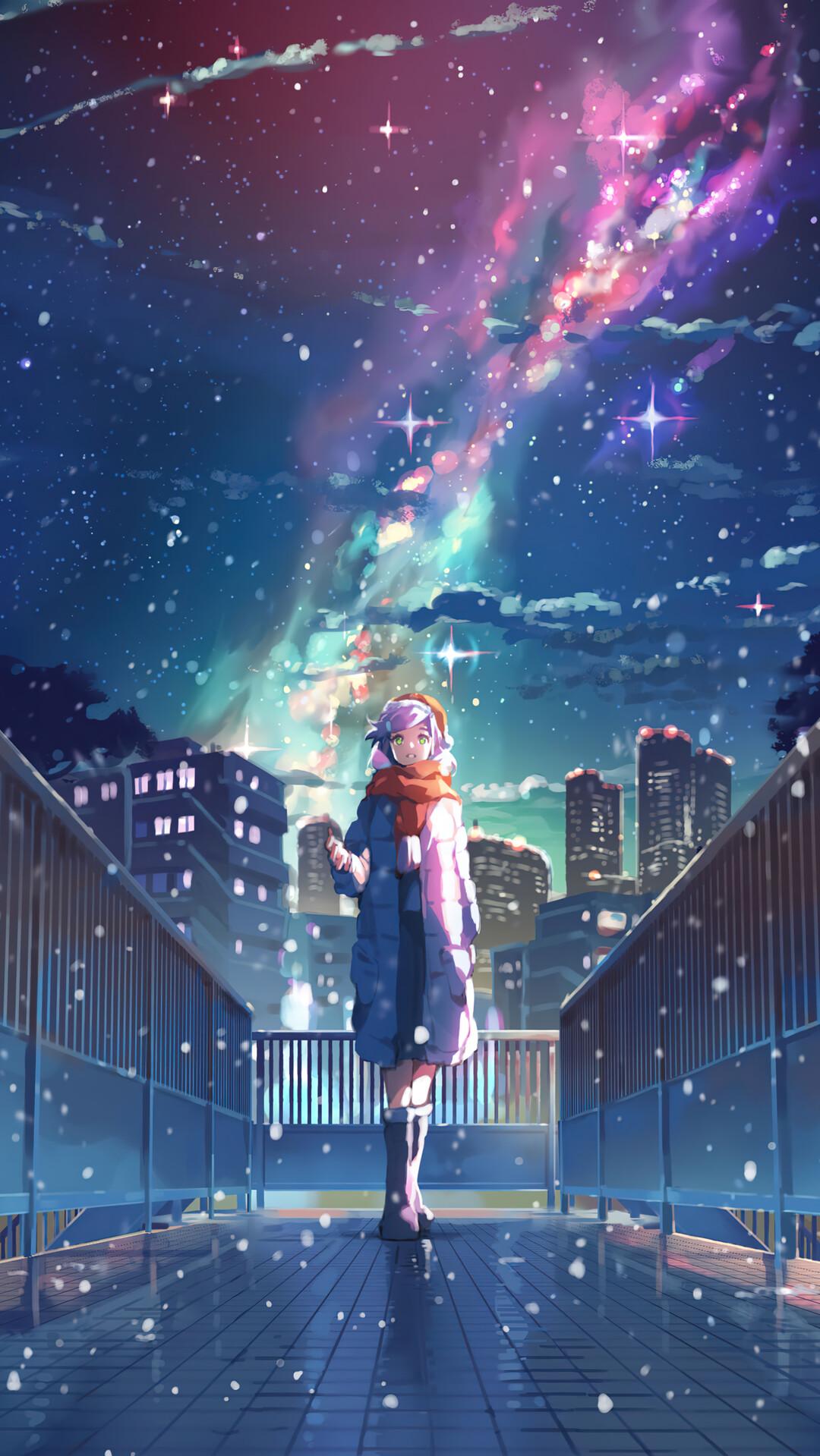 Anime Girl Night Sky Stars 4K Wallpaper iPhone HD Phone 6270f