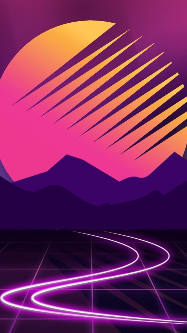 Neon Cyberwave Purple Mountains Moon Outrun Wallpaper