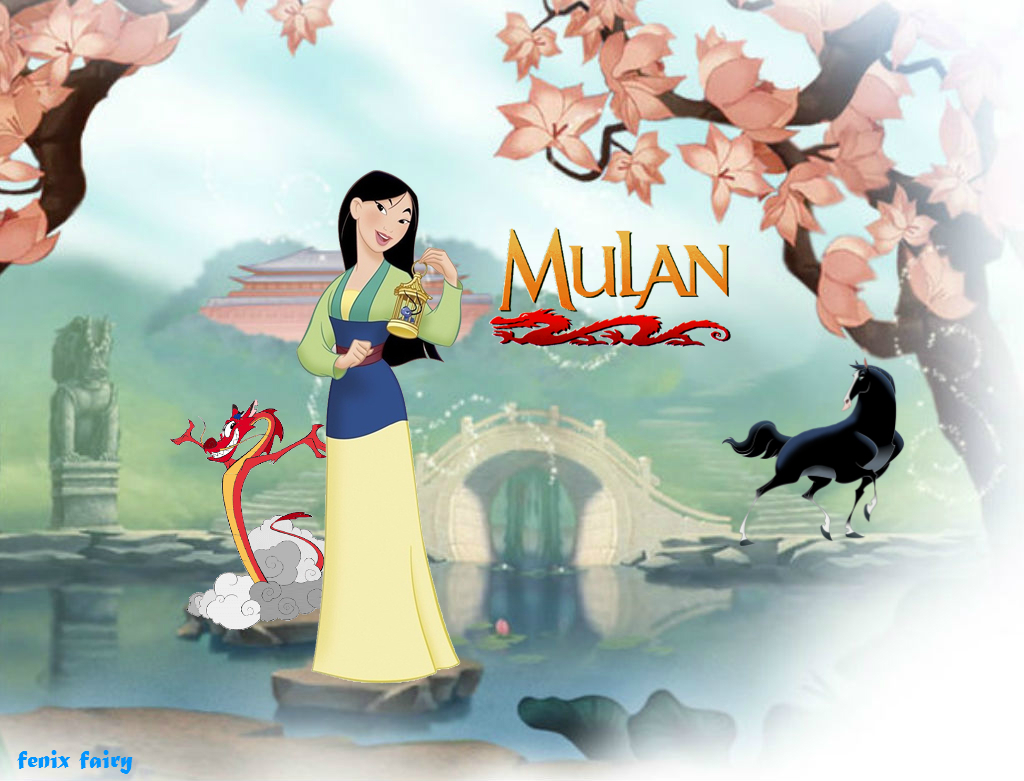 Mulan with Cri-Kee and Khan by a pond in a picturesque Chinese garden setting