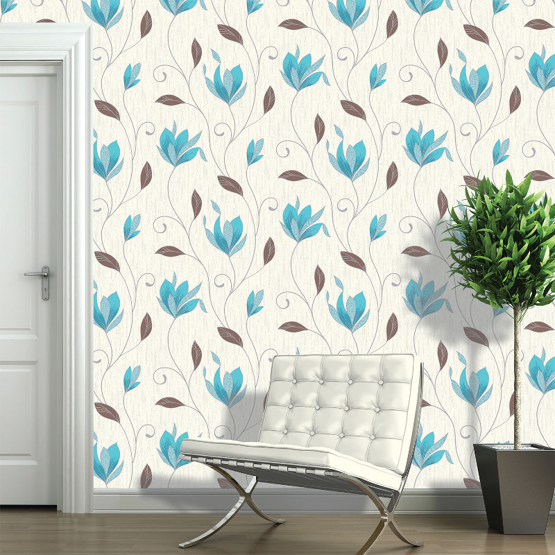 Vymura Synergy Glitter Floral Wallpaper in Teal and Silver   M0779