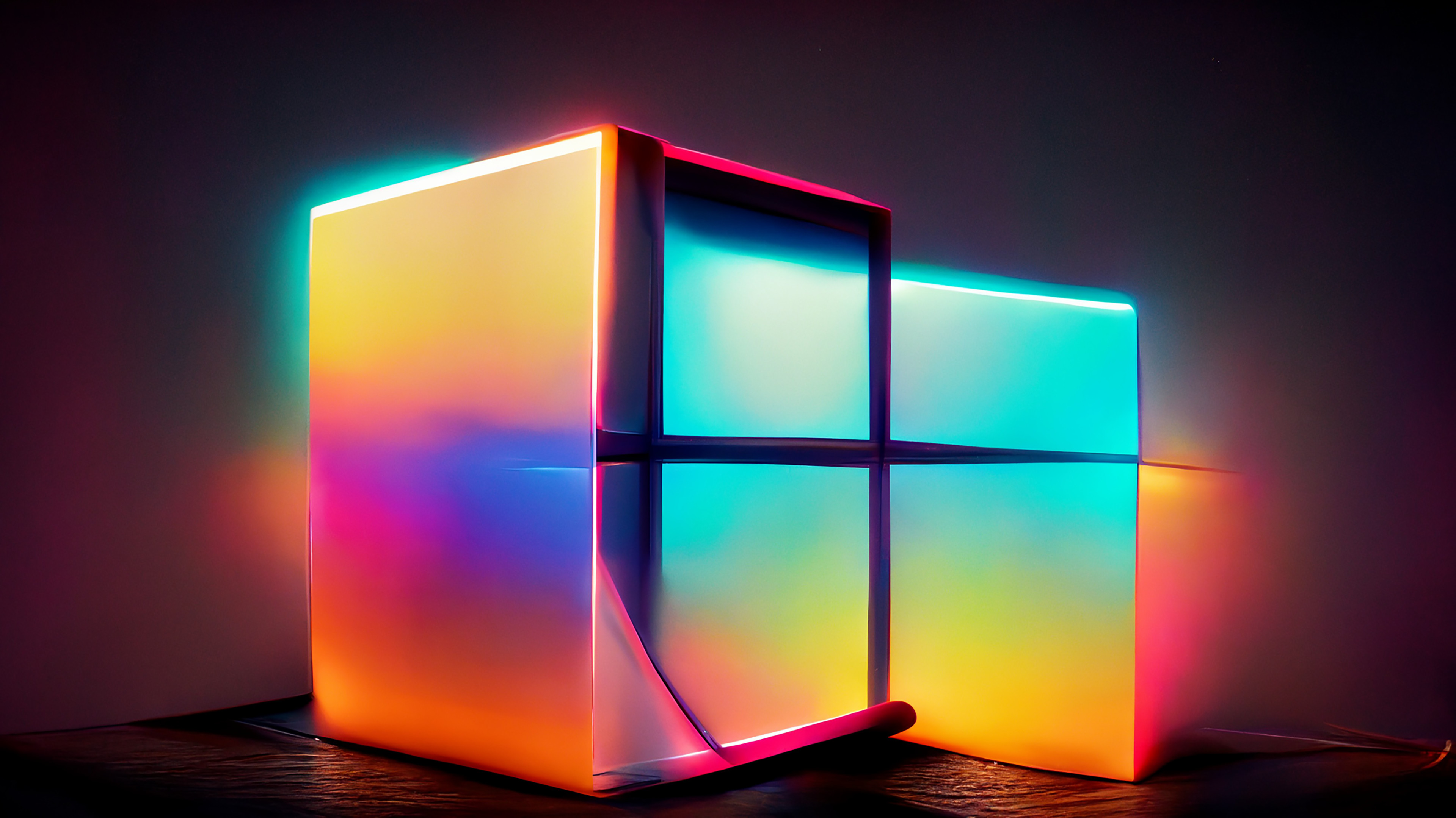 Abstract and colorful Windows logo, reminiscent of neon lights, against a dark background